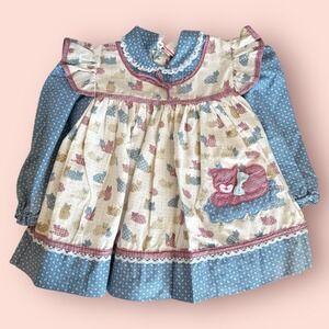 VTG Petit Jouet Girls Dress Cat Size 18 Months Cottagecore Pink Blue Layered
